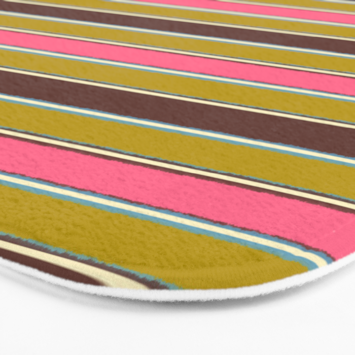 Retro Eclectic Watercolor Paper Stripes Pattern Pink Chartreuse Brown Blue Cream Bath Mat Gallery Image 3