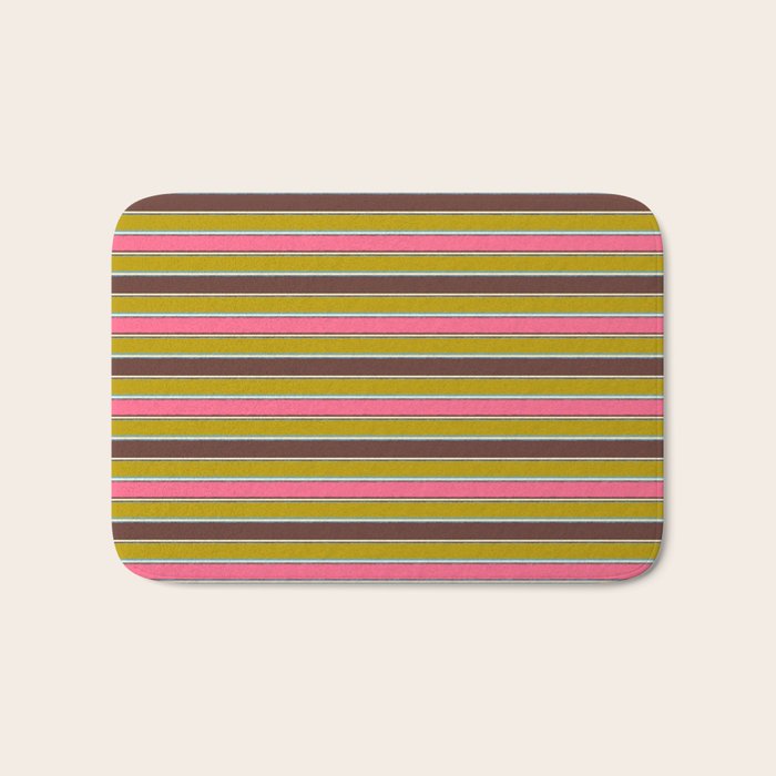 Retro Eclectic Watercolor Paper Stripes Pattern Pink Chartreuse Brown Blue Cream Bath Mat Gallery Image 1