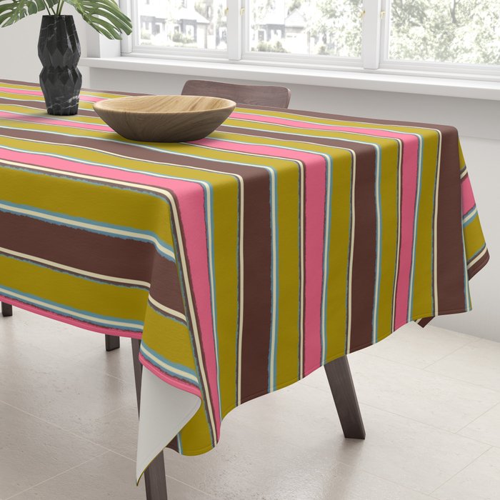Retro Eclectic Watercolor Paper Stripes Pattern Pink Chartreuse Brown Blue Cream Tablecloth Gallery Image 3