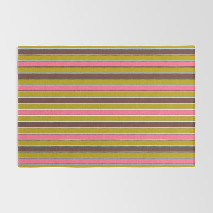 Retro Eclectic Watercolor Paper Stripes Pattern Pink Chartreuse Brown Blue Cream Rug Gallery Image 2