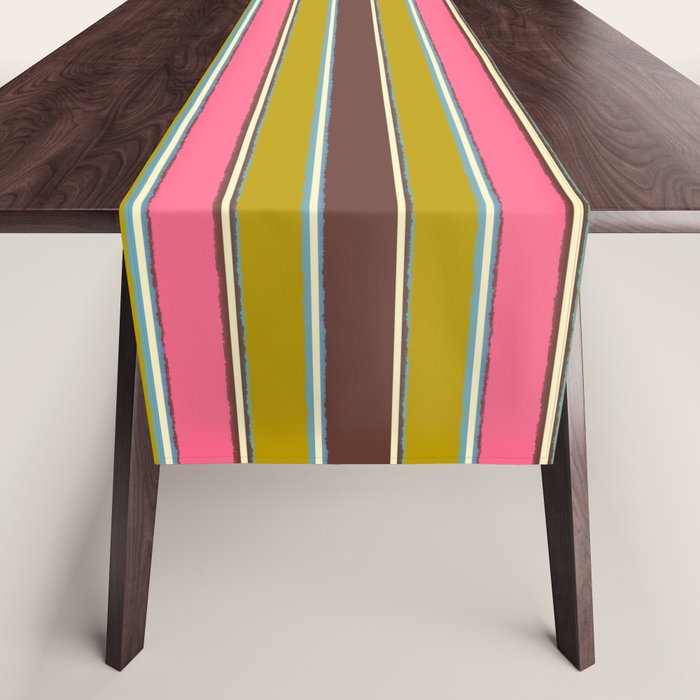 Retro Eclectic Watercolor Paper Stripes Pattern Pink Chartreuse Brown Blue Cream Table Runner Gallery Image 1