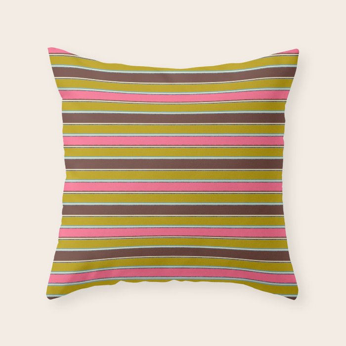 Retro Eclectic Watercolor Paper Stripes Pattern Pink Chartreuse Brown Blue Cream Throw Pillow Gallery Image 1