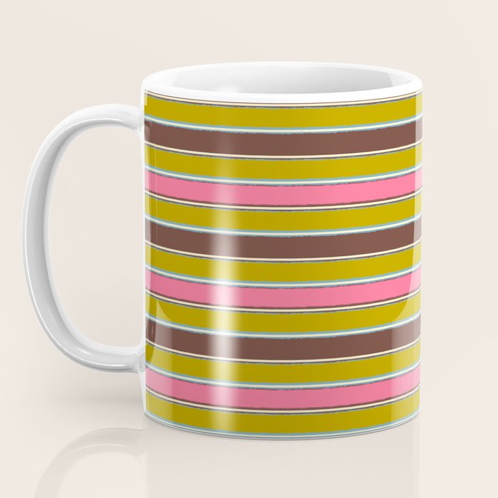 Retro Eclectic Watercolor Paper Stripes Pattern Pink Chartreuse Brown Blue Cream Coffee Mug Gallery Image 3