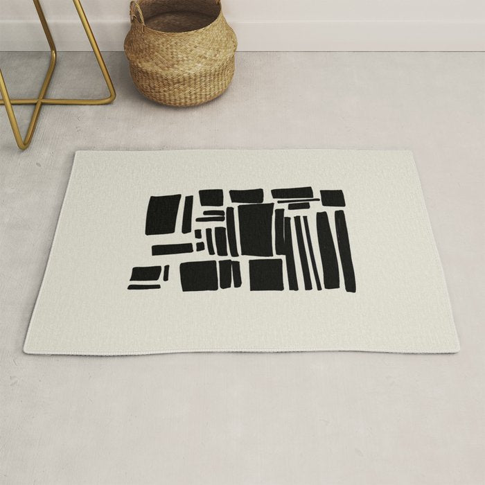 Black & White Minimalist Abstract Shapes Patterns Black Ink Painting Rug Gallery Image 1