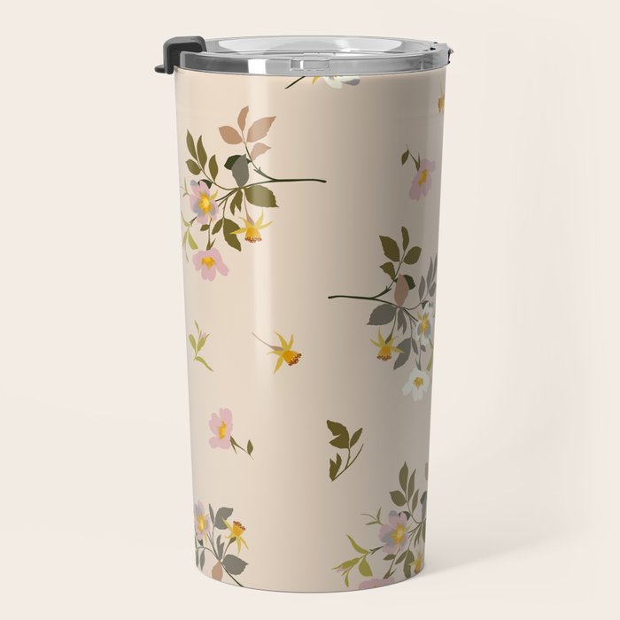 seamless pattern with rose hips on a pink background Travel Mug Gallery Image 3