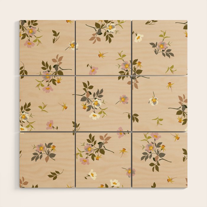 seamless pattern with rose hips on a pink background Wood Wall Art Gallery Image 1