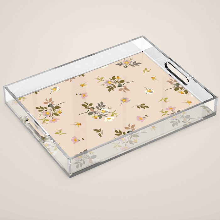 seamless pattern with rose hips on a pink background Acrylic Tray Gallery Image 1