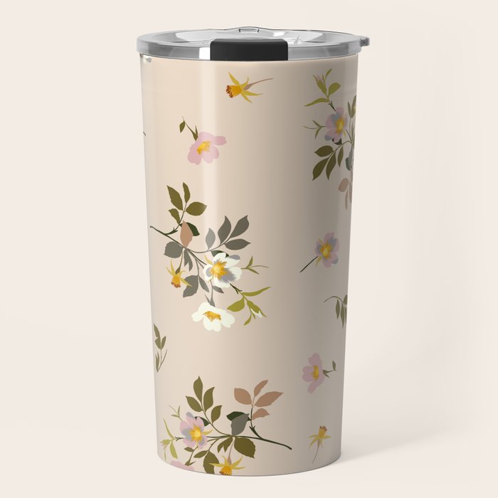 seamless pattern with rose hips on a pink background Travel Mug Gallery Image 1