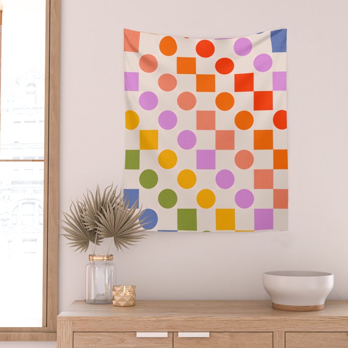 Bold Playful Checks and Dots Pattern - Rainbow colours Wall Tapestry Gallery Image 2