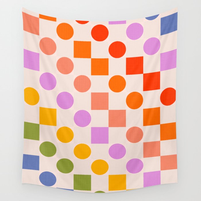 Bold Playful Checks and Dots Pattern - Rainbow colours Wall Tapestry Gallery Image 4
