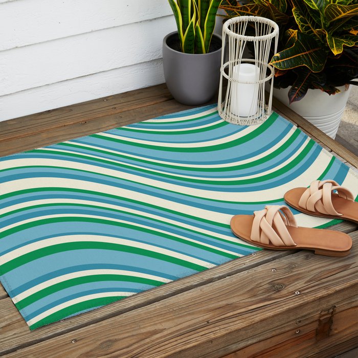 Wavy Stripes XXVII - Beachy Blue and Green Outdoor Rug Gallery Image 2