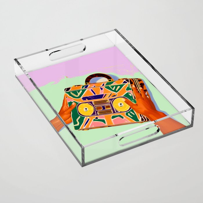 A Suitcase Full of Memories, Retro Cassette Music Mix Tape, Vintage Concept Eclectic Hands Bags Fashion Bohemian Painting Acrylic Tray Gallery Image 1