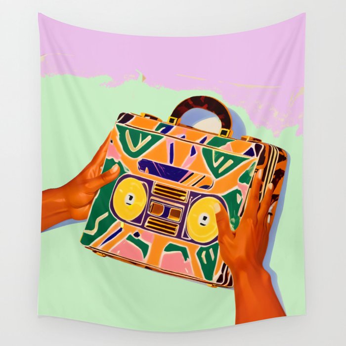 A Suitcase Full of Memories, Retro Cassette Music Mix Tape, Vintage Concept Eclectic Hands Bags Fashion Bohemian Painting Wall Tapestry Gallery Image 1