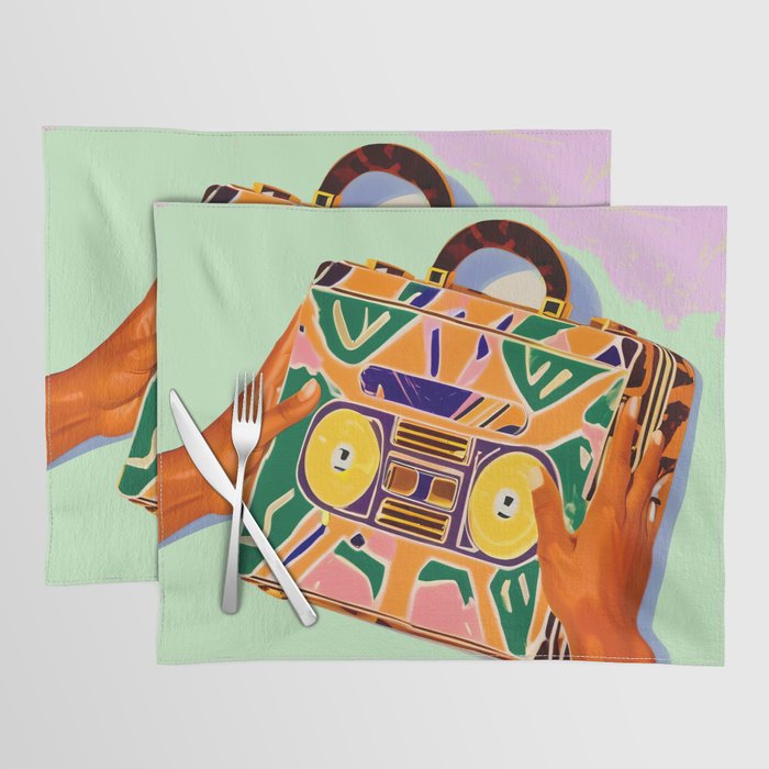 A Suitcase Full of Memories, Retro Cassette Music Mix Tape, Vintage Concept Eclectic Hands Bags Fashion Bohemian Painting Placemat Gallery Image 1