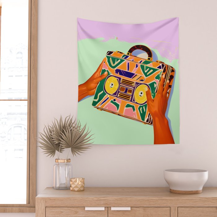 A Suitcase Full of Memories, Retro Cassette Music Mix Tape, Vintage Concept Eclectic Hands Bags Fashion Bohemian Painting Wall Tapestry Gallery Image 2