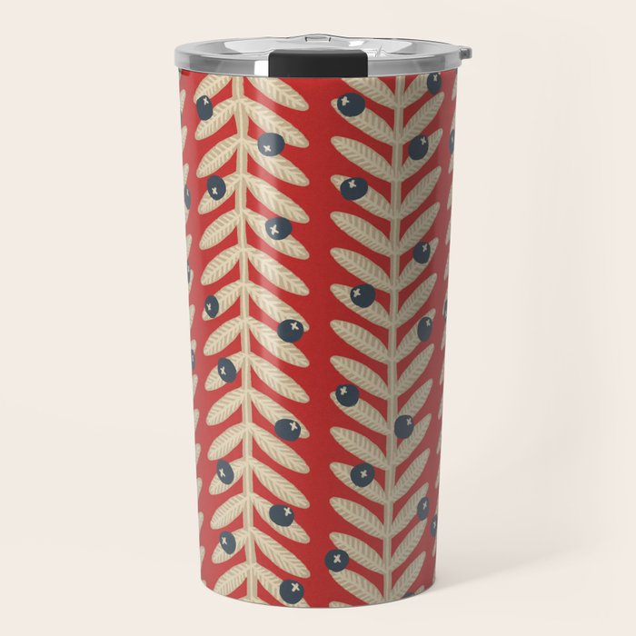 Festive Berries / Red, Beige & Blue Travel Mug Gallery Image 1