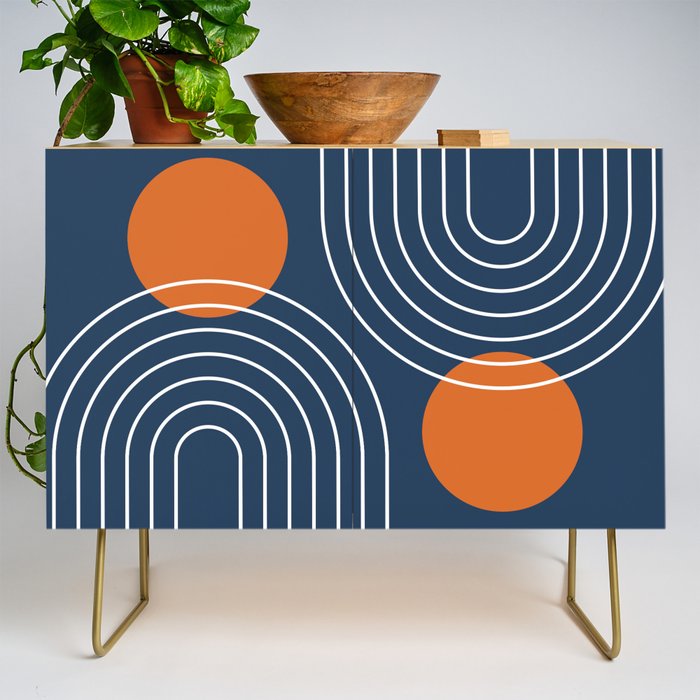 Mid Century Modern Geometric 83 in Navy Blue and Orange (Rainbow and Sun Abstraction) Credenza Gallery Image 1