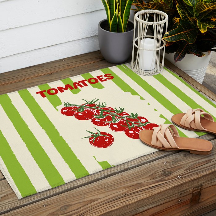 Green Retro Stripes Tomatoes Outdoor Rug Gallery Image 2