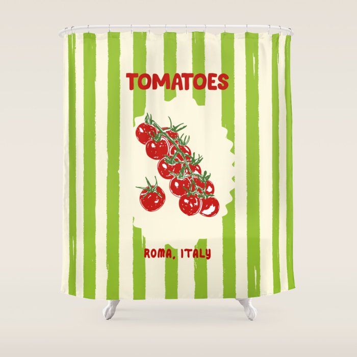 Green Retro Stripes Tomatoes Shower Curtain Gallery Image 1