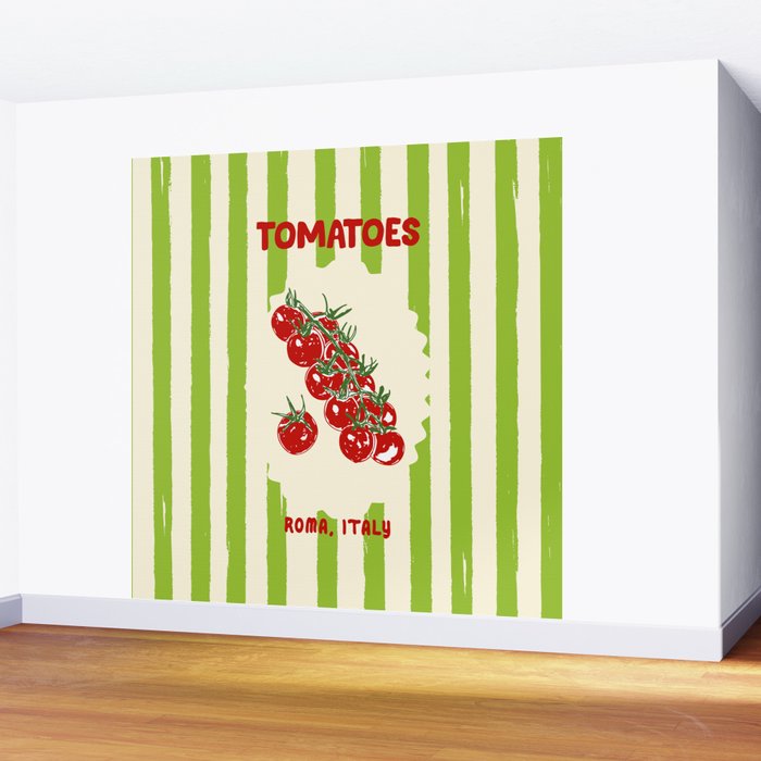 Green Retro Stripes Tomatoes Wall Mural Gallery Image 2