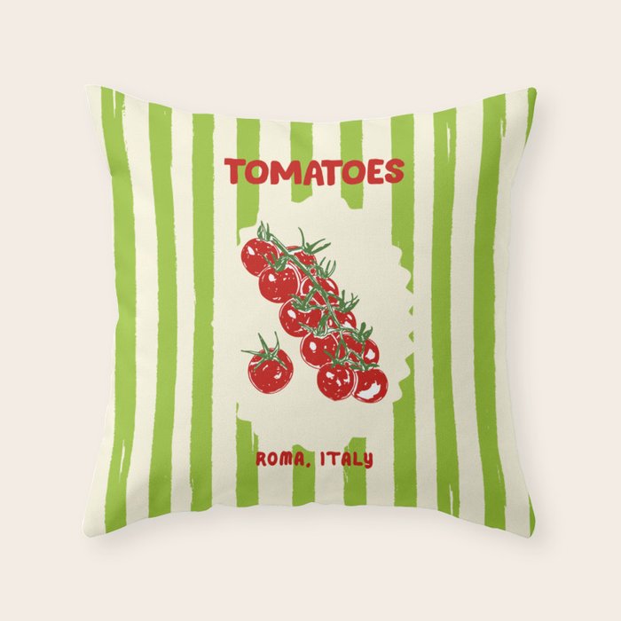 Green Retro Stripes Tomatoes Throw Pillow Gallery Image 1