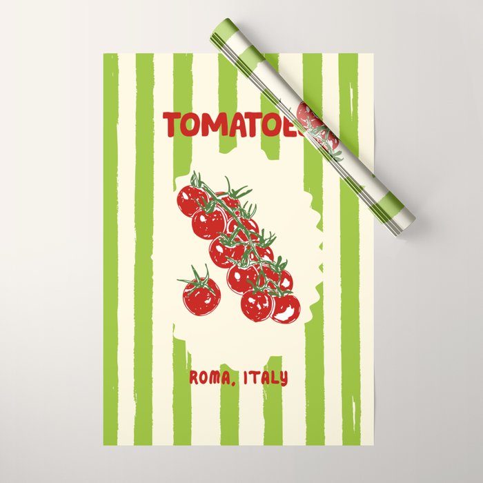 Green Retro Stripes Tomatoes Wrapping Paper Gallery Image 1