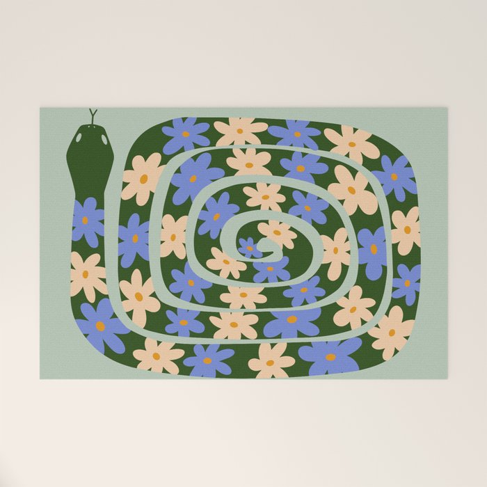 Flower Snake - Green, Blue and Off White Welcome Mat Gallery Image 1