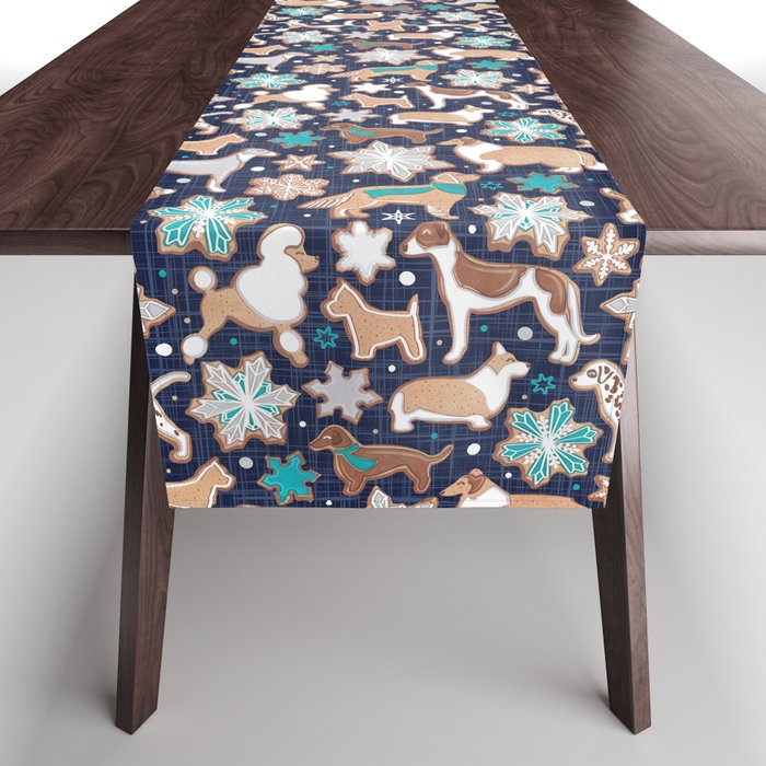 Catching ice and sweetness // navy blue background gingerbread white brown grey and dogs and snowflakes turquoise details Table Runner Gallery Image 1