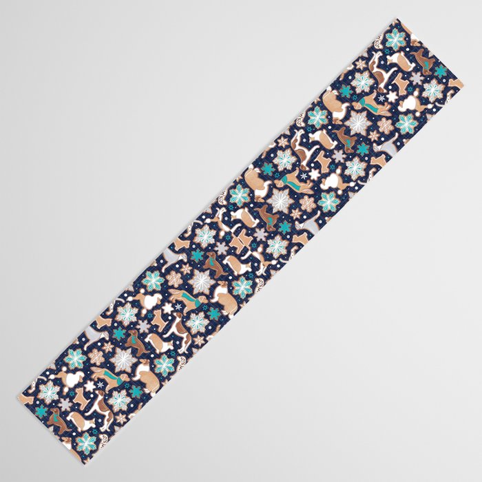 Catching ice and sweetness // navy blue background gingerbread white brown grey and dogs and snowflakes turquoise details Table Runner Gallery Image 3