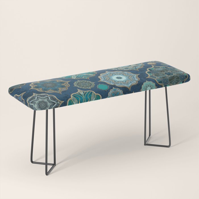 Teal Turquoise Gold Moroccan Tiles Boho Vintage Elegance Quatrefoil Shapes Bench Gallery Image 1