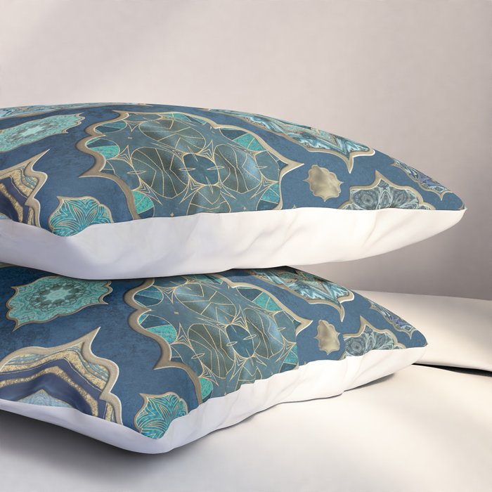 Teal Turquoise Gold Moroccan Tiles Boho Vintage Elegance Quatrefoil Shapes Pillow Sham Gallery Image 3