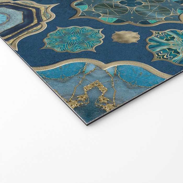 Teal Turquoise Gold Moroccan Tiles Boho Vintage Elegance Quatrefoil Shapes Welcome Mat Gallery Image 2