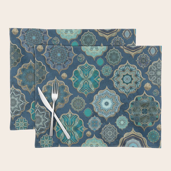 Teal Turquoise Gold Moroccan Tiles Boho Vintage Elegance Quatrefoil Shapes Placemat Gallery Image 1