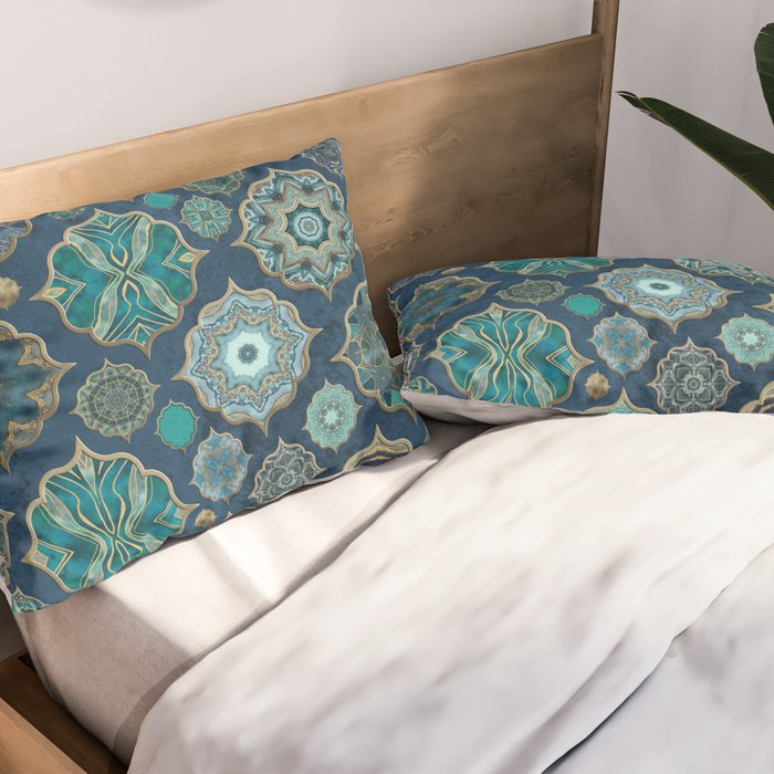 Teal Turquoise Gold Moroccan Tiles Boho Vintage Elegance Quatrefoil Shapes Pillow Sham Gallery Image 2