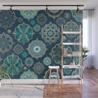 Teal Turquoise Gold Moroccan Tiles Boho Vintage Elegance Quatrefoil Shapes Wall Mural Gallery Image 1