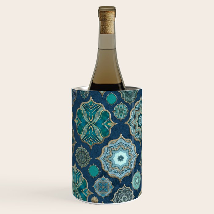 Teal Turquoise Gold Moroccan Tiles Boho Vintage Elegance Quatrefoil Shapes Wine Chiller Gallery Image 1