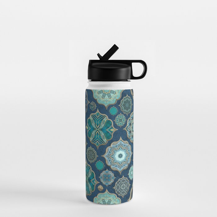 Teal Turquoise Gold Moroccan Tiles Boho Vintage Elegance Quatrefoil Shapes Water Bottle Gallery Image 1