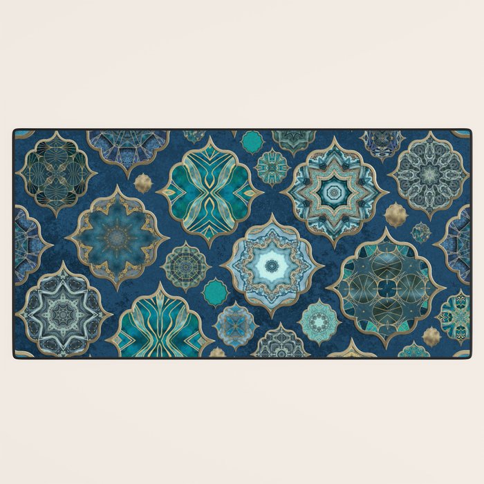 Teal Turquoise Gold Moroccan Tiles Boho Vintage Elegance Quatrefoil Shapes Desk Mat Gallery Image 3