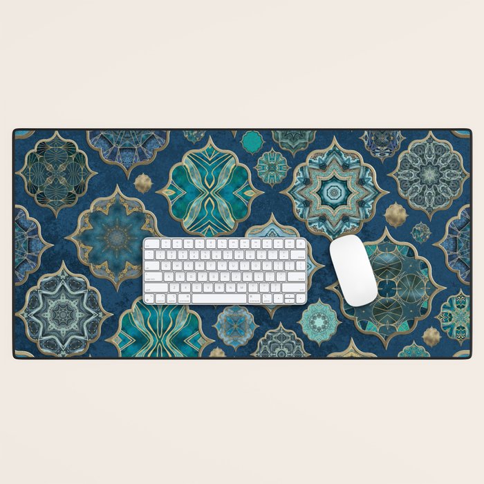 Teal Turquoise Gold Moroccan Tiles Boho Vintage Elegance Quatrefoil Shapes Desk Mat Gallery Image 1