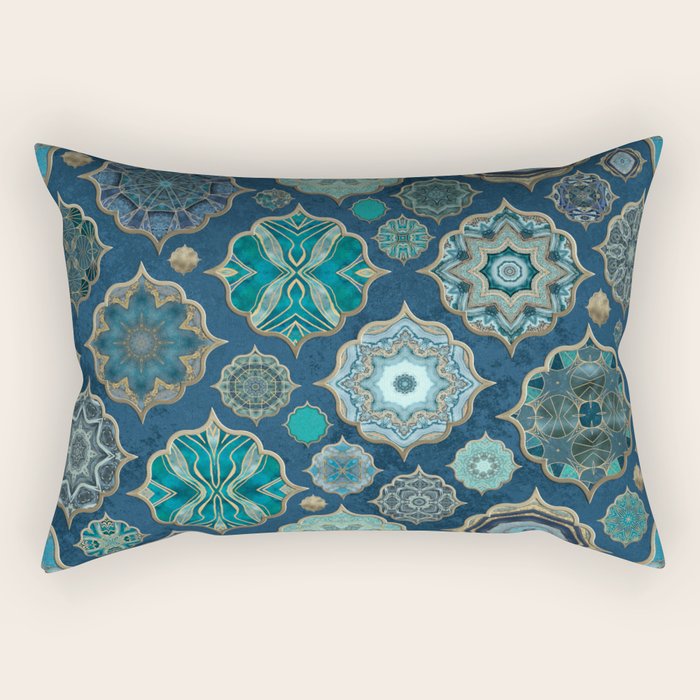 Teal Turquoise Gold Moroccan Tiles Boho Vintage Elegance Quatrefoil Shapes Rectangular Pillow Gallery Image 2