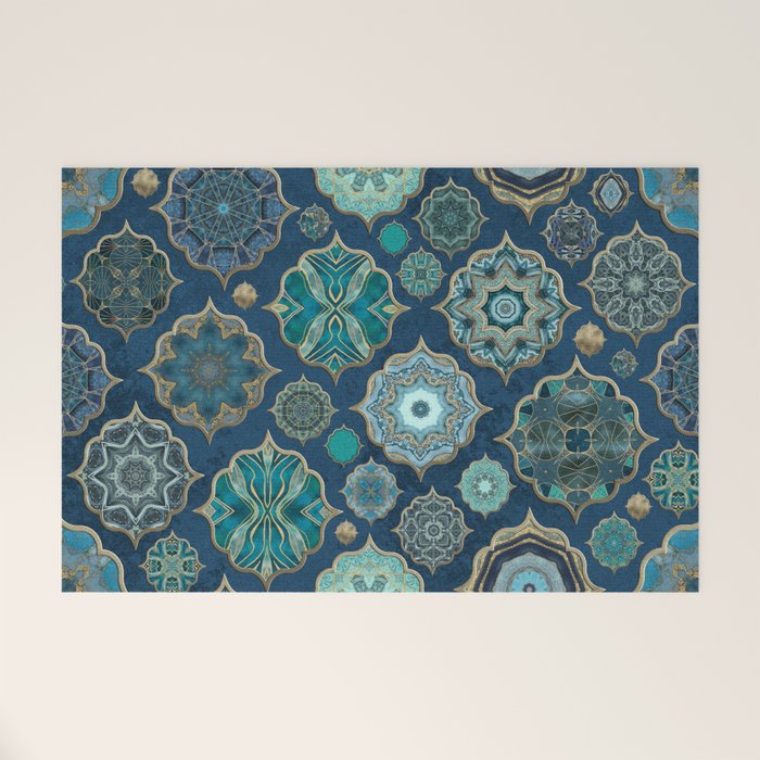 Teal Turquoise Gold Moroccan Tiles Boho Vintage Elegance Quatrefoil Shapes Welcome Mat Gallery Image 1