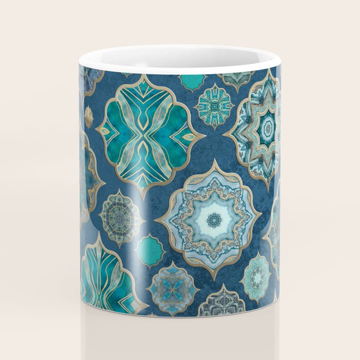 Teal Turquoise Gold Moroccan Tiles Boho Vintage Elegance Quatrefoil Shapes Coffee Mug Gallery Image 4