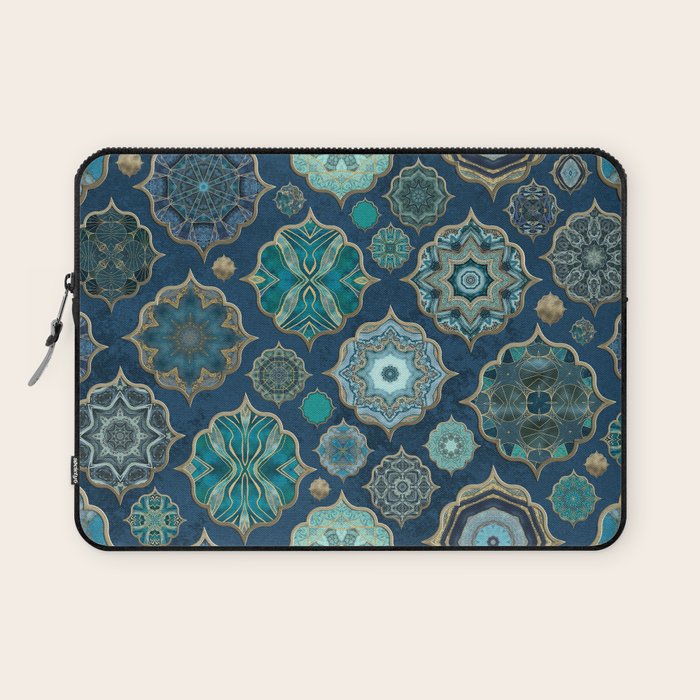 Teal Turquoise Gold Moroccan Tiles Boho Vintage Elegance Quatrefoil Shapes Laptop Sleeve Gallery Image 1