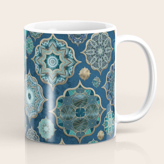 Teal Turquoise Gold Moroccan Tiles Boho Vintage Elegance Quatrefoil Shapes Coffee Mug Gallery Image 1