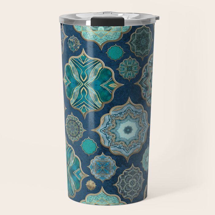 Teal Turquoise Gold Moroccan Tiles Boho Vintage Elegance Quatrefoil Shapes Travel Mug Gallery Image 1