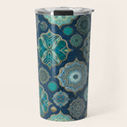 Teal Turquoise Gold Moroccan Tiles Boho Vintage Elegance Quatrefoil Shapes Travel Mug Gallery Image 1
