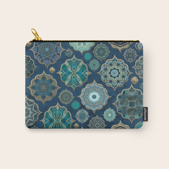 Teal Turquoise Gold Moroccan Tiles Boho Vintage Elegance Quatrefoil Shapes Carry All Pouch Gallery Image 1