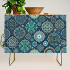 Teal Turquoise Gold Moroccan Tiles Boho Vintage Elegance Quatrefoil Shapes Credenza Gallery Image 1
