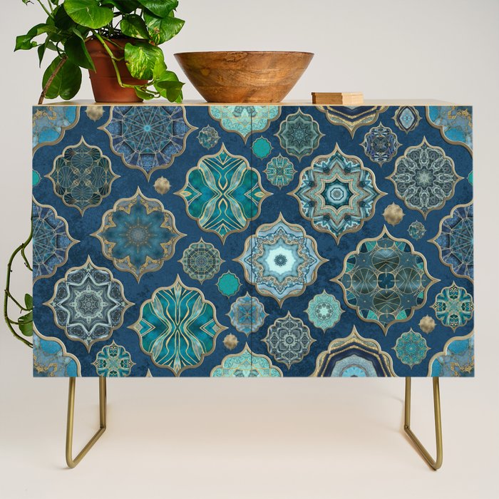 Teal Turquoise Gold Moroccan Tiles Boho Vintage Elegance Quatrefoil Shapes Credenza Gallery Image 1