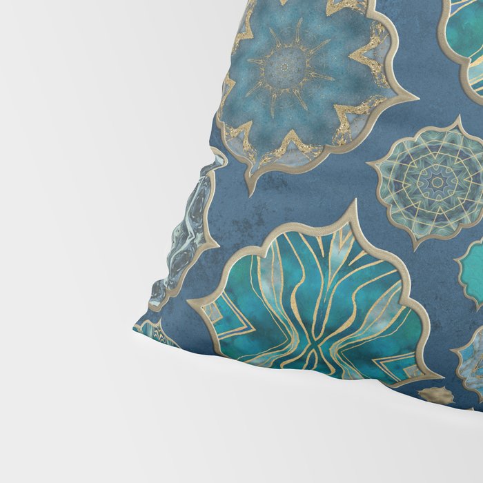 Teal Turquoise Gold Moroccan Tiles Boho Vintage Elegance Quatrefoil Shapes Pillow Sham Gallery Image 4